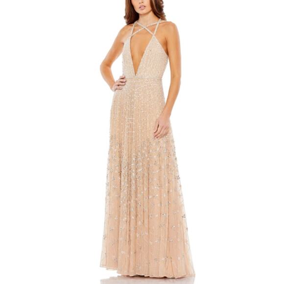 NEW MAC DUGGAL Nude Sleeveless Plunge Neck Prom Strappy Evening Gown Size 12 - Picture 1 of 10
